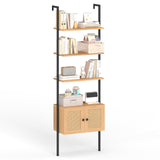 Tangkula Wall-Mounted Ladder Shelf with Rattan-Door Cabinet