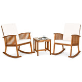 Tangkula 3 Pieces Acacia Wood Rocking Bistro Set, Rocker Chairs Conversation Set with Coffee Table and Cushions for Lawn, Balcony, Backyard