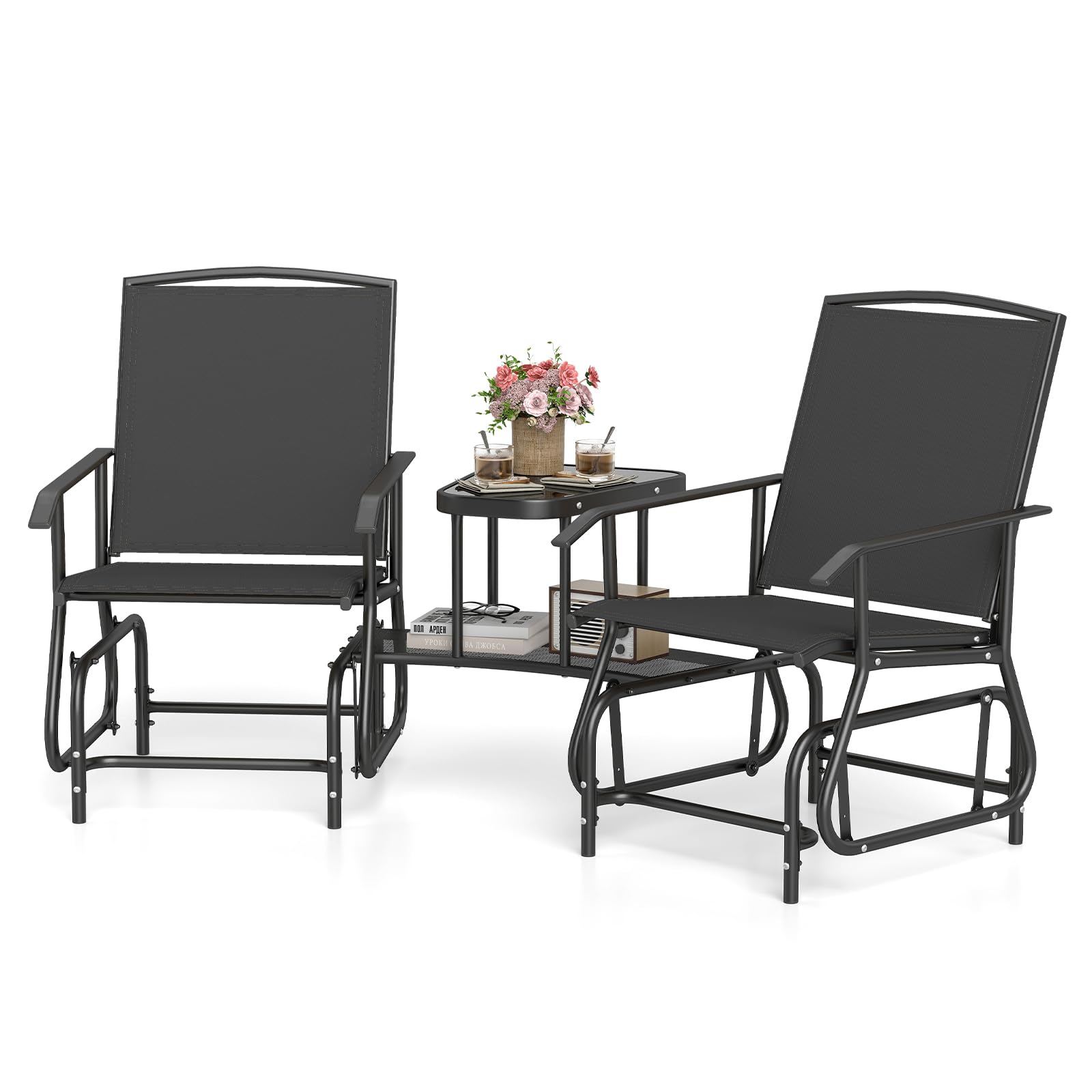 Tangkula 2-Seater Outdoor Glider Bench with 2-Tier Center Table