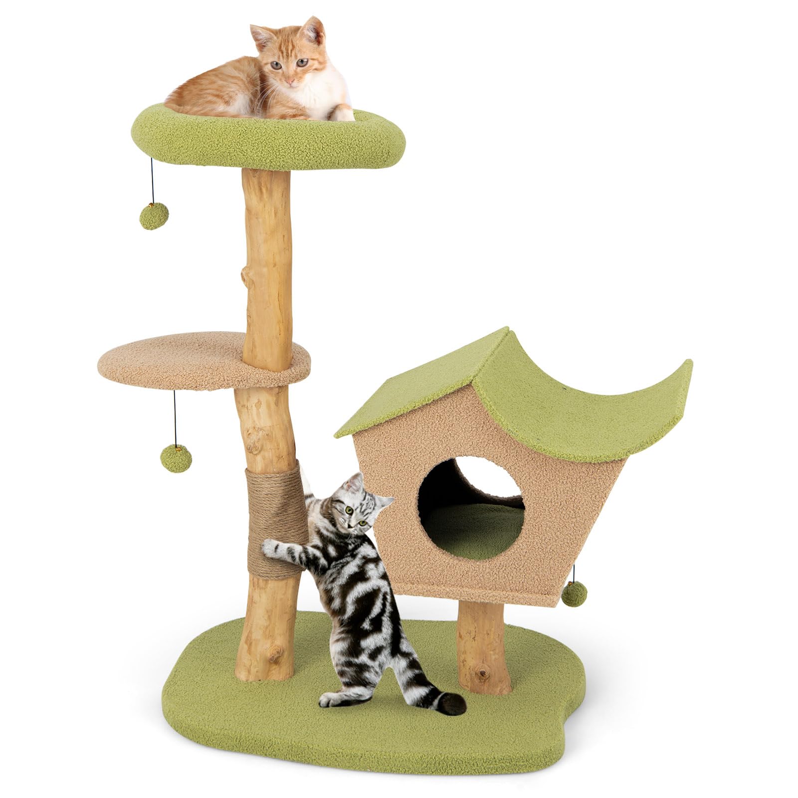 Tangkula Cat Tree, Solid Wood Cat Tower with Jute Scratching Post, Cat Condo, Perch, Jingling Ball