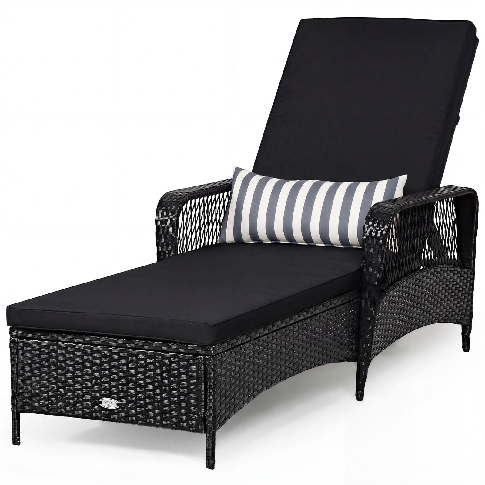 Tangkula Wicker Chaise Lounge Outdoor 6-Gear Adjustable Backrest, Thick Padded Cushion & Removable Lumbar Pillow