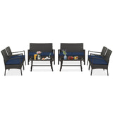 Tangkula 4 Pieces Outdoor Conversation Set, Patio PE Wicker Sofa with Tempered Glass Coffee Table