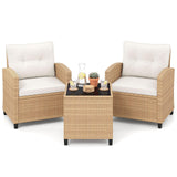 Tangkula PE Rattan Wicker 3 Pcs Outdoor Sofa Set w/Washable Cushion and Tempered Glass Tabletop