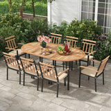 Tangkula 9 Pieces Outdoor Dining Set, Patio Furniture Set with Acacia Wood Top & Umbrella Hole, Metal Frame
