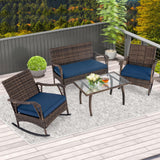 Tangkula 4 Piece Wicker Rocking Set, 2 Patio Rattan Rocker Chairs w/Loveseat & Coffee Table, Heavy-Duty Metal Frame & Bungee Rope Seat