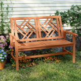 Tangkula Outdoor Bench Wood 2-Person Patio Loveseat Chair with Geometric Backrest