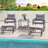Tangkula 5 Piece Outdoor Conversation Set, Rattan Armchairs w/ Side Table & Ottomans