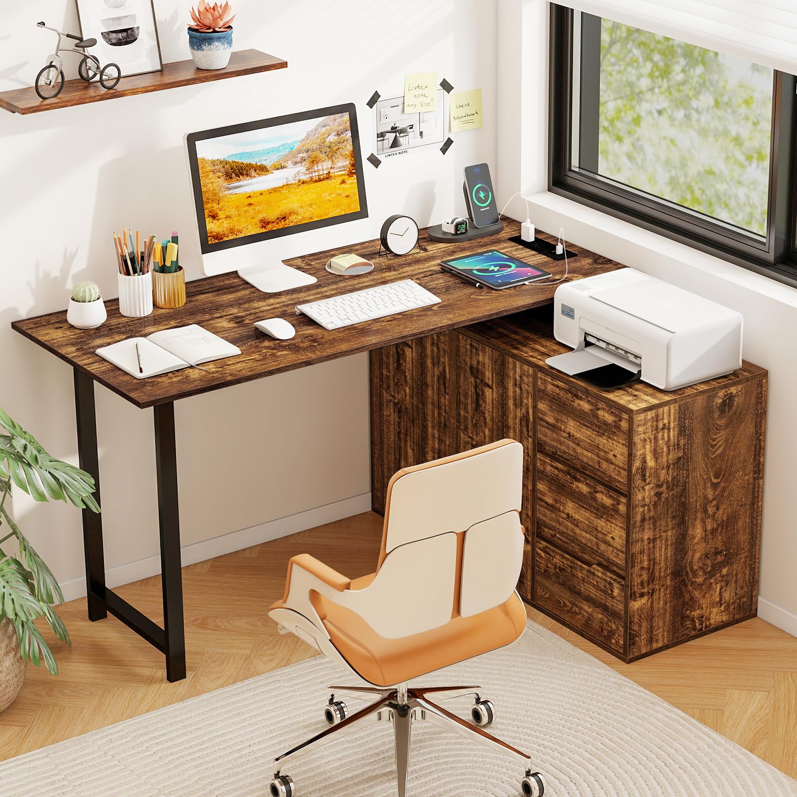 Tangkula Reversible L-Shaped Desk with File Cabinet & 3 Drawers | 54.5 Inch Corner Computer Desk with Power Outlet