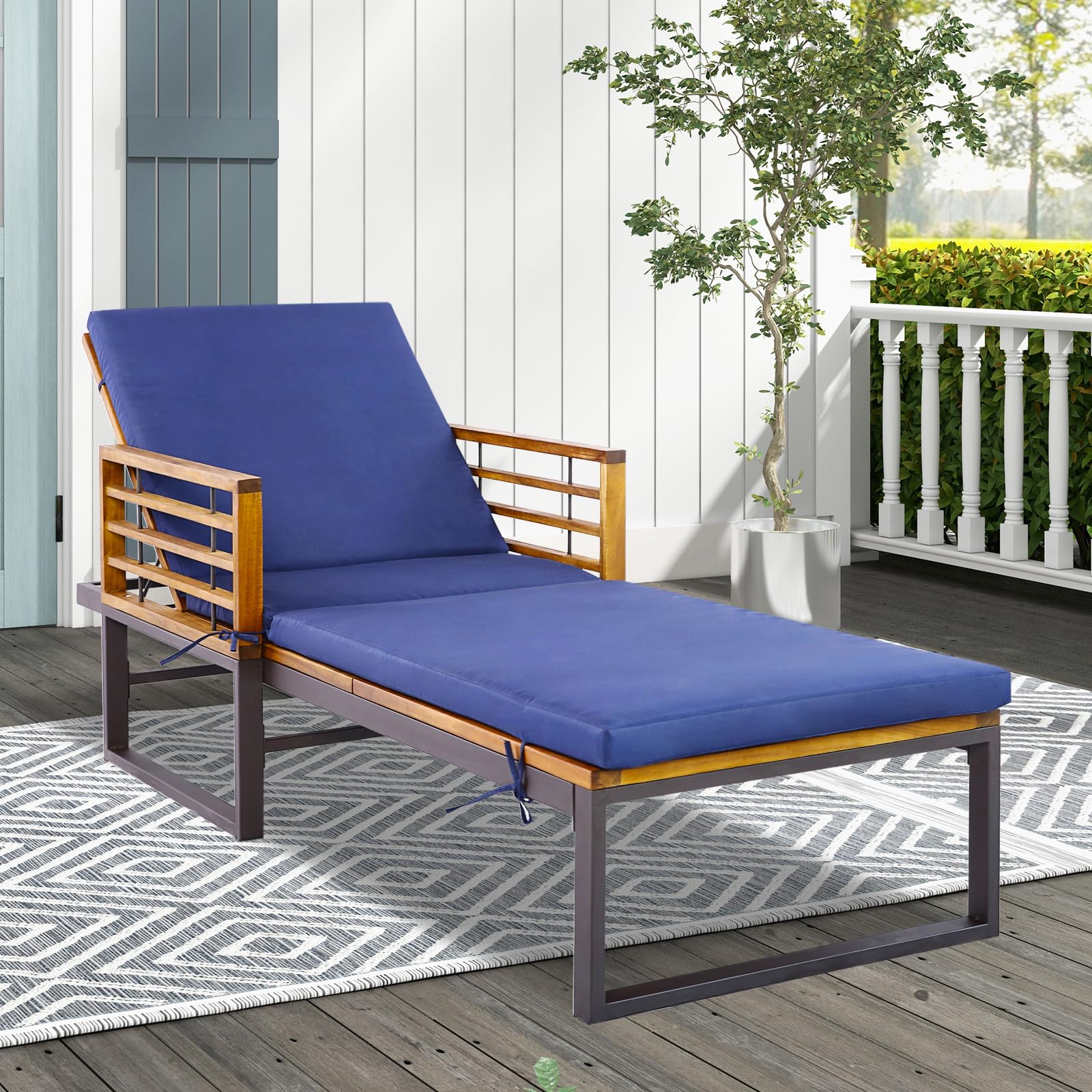 Tangkula Patio Chaise Lounge Chair with Cushion, Adjustable Reclining Pool Lounger with Acacia Wood and Metal Frame