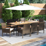 Tangkula 9 Pieces Outdoor Rectangle Acacia Wood Table and Cushioned Chairs Set with 1.9” Umbrella Hole