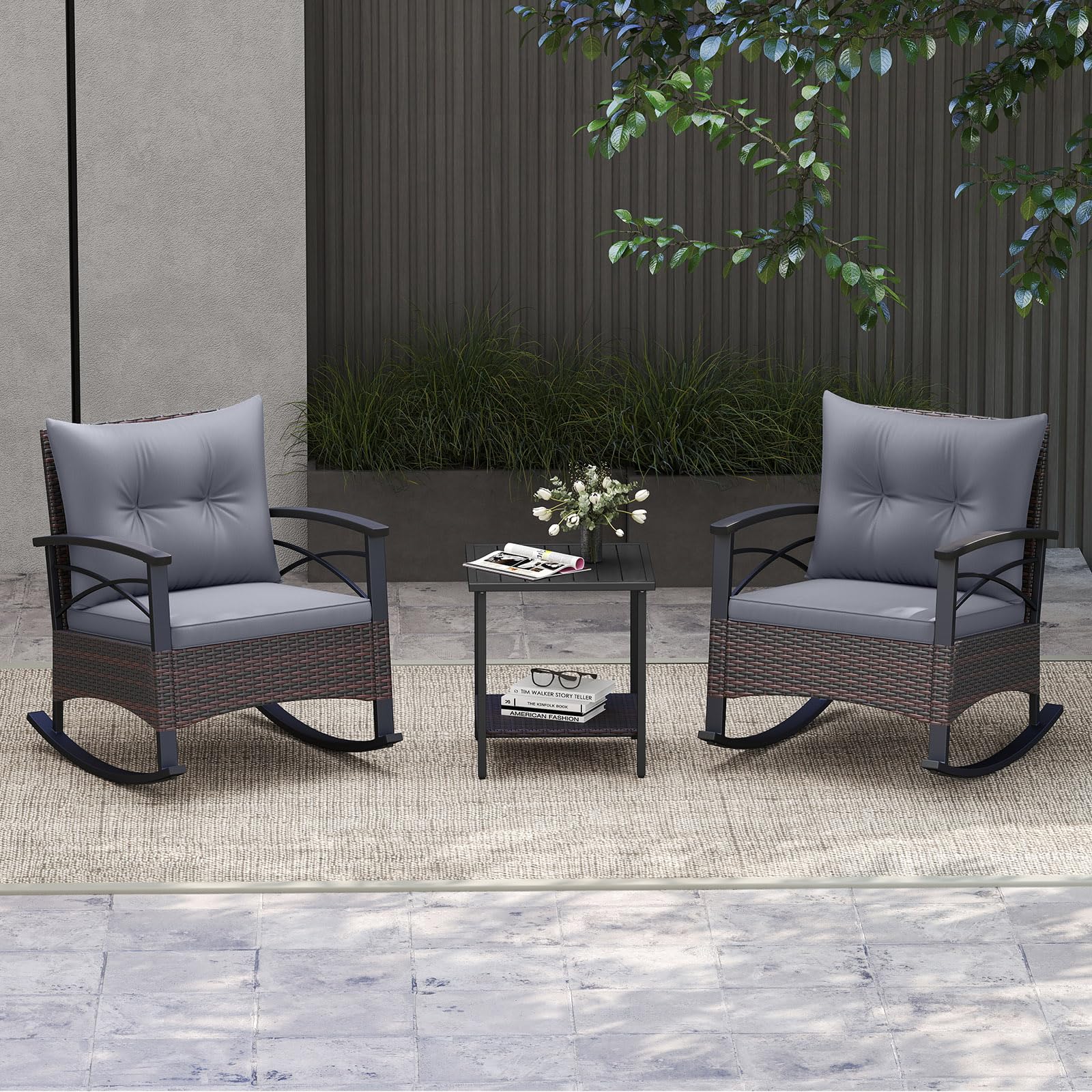 Tangkula 3 Pieces Outdoor Rocking Chairs Set Rattan Heavy Duty Cushioned Rocker Chairs