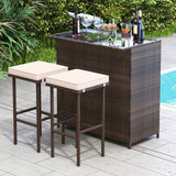 Tangkula 3 Pcs Patio Bar Set, Outdoor Rattan Bar Table and 2 Stools with Tempered Glass Tabletop, 2-Tier Storage