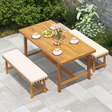 Tangkula 3 Piece Patio Dining Set 63” Outdoor Acacia Wood Rectangular Table with 2 Cushioned Bench