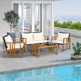 Tangkula 4 Pieces Patio Sofa Set, Outdoor Mix Brown Rattan Conversation Set with Acacia Wood Frame