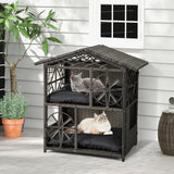 Tangkula 2-Story Rattan Cat House with Removable Soft Cushions