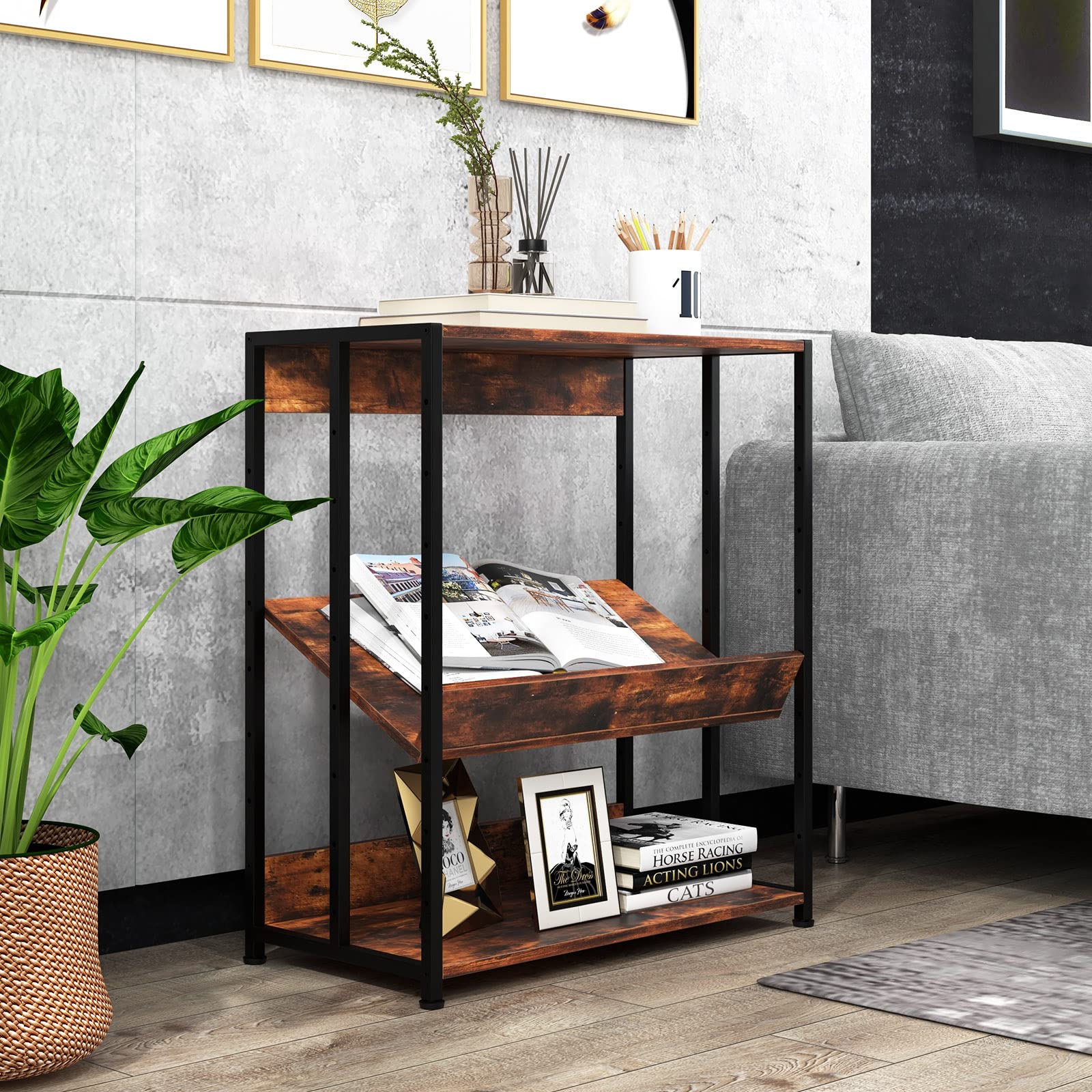 Tangkula 3 Tier Industrial Book Shelf with Adjustable Shelves and Metal Frame