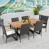 Outdoor Wicker Chair & Dining Table Set, Acacia Wood Tabletop & Armrests, 2” Umbrella Hole