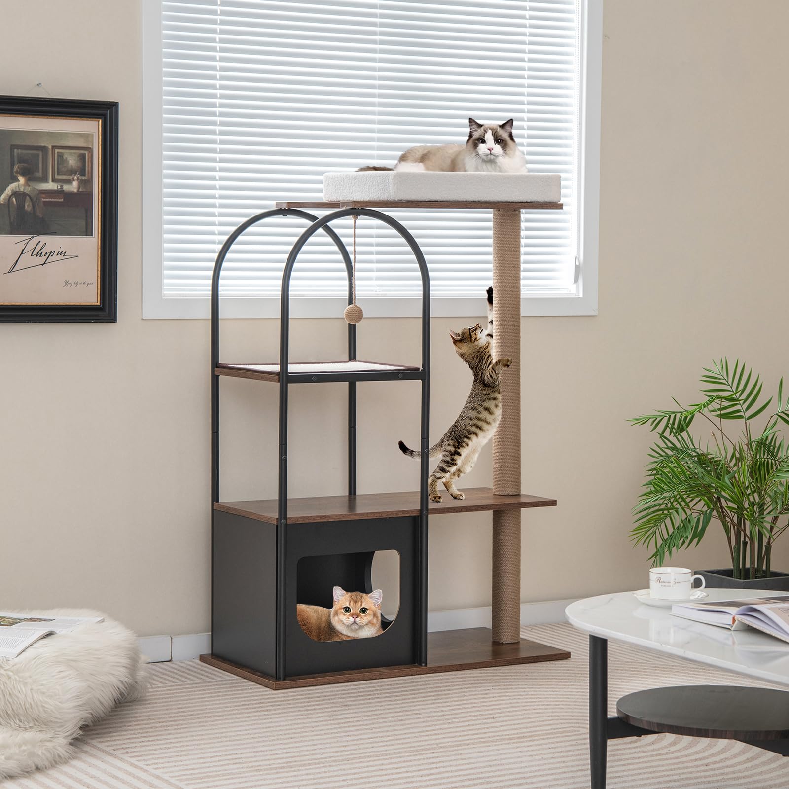 Tangkula Cat Tree Tower, 47 Inch Modern Cat Tree with Metal Frame, Top Perch Cat Bed