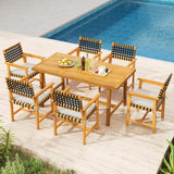 Tangkula 7 Piece Patio Dining Set 63” Outdoor Rectangular Acacia Wood Table & 6 Armchairs