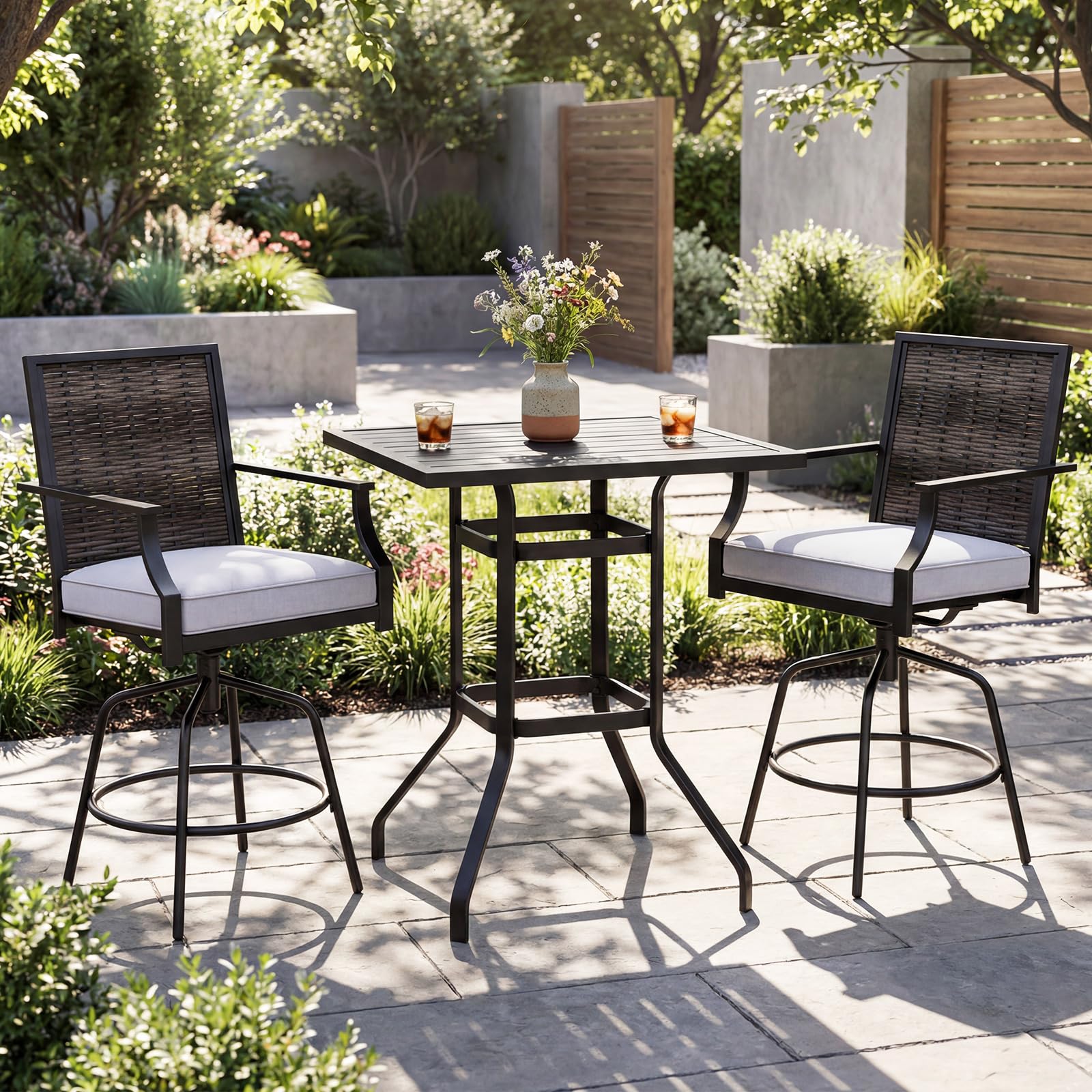 Tangkula 3 Pieces Outdoor Swivel Bar Set with Cushions and Sturdy Metal Frame