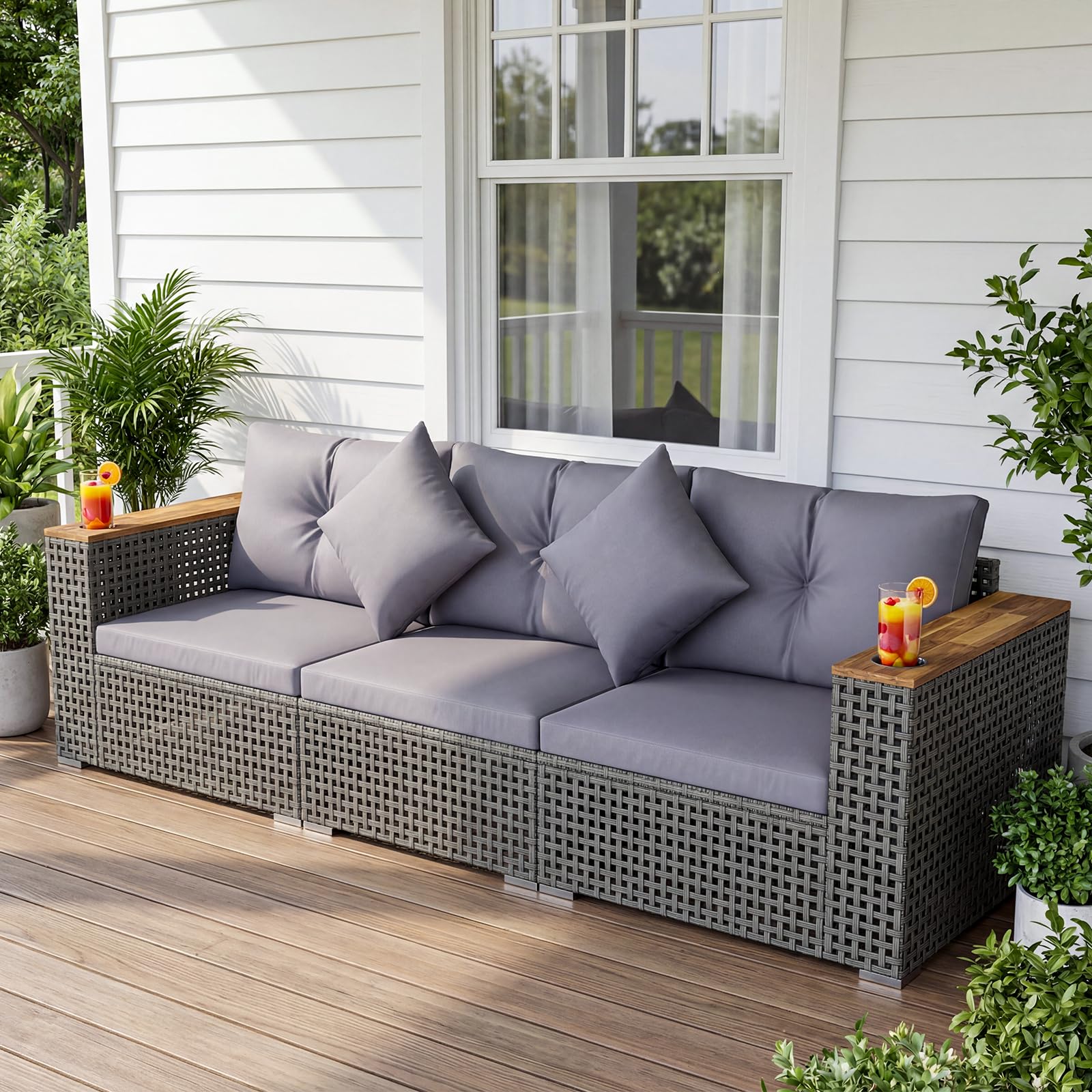 Tangkula 86.5" Large 3 Pieces PE Rattan Sectional Furniture Set