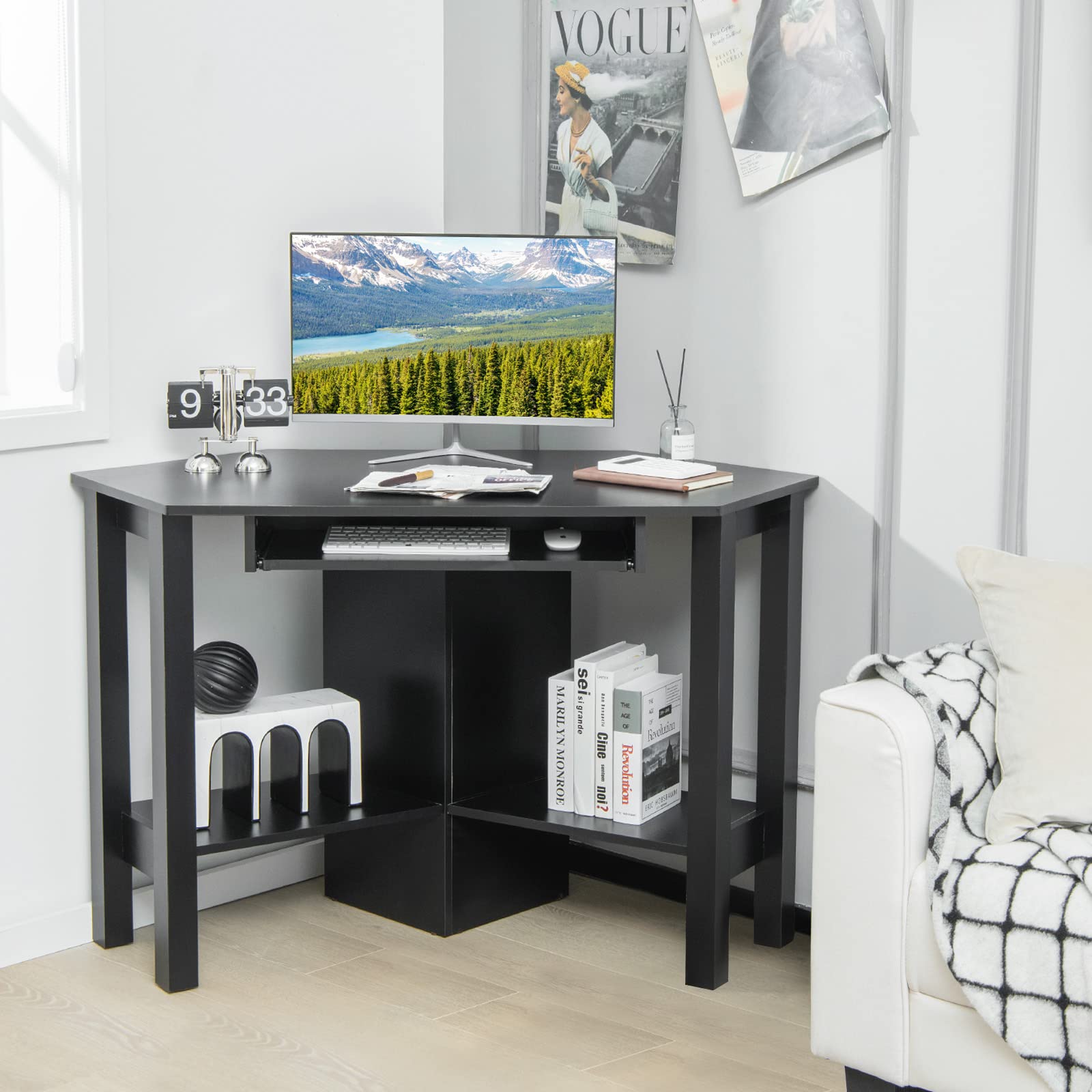 Corner Computer Desk with Smooth Keyboard Tray for Small Space - Tangkula