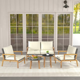 Tangkula 5 Piece Rattan Furniture Set, Patiojoy Wicker Sofa Set with Solid Acacia Wood Frame & 2 Tempered Glass Coffee Tables