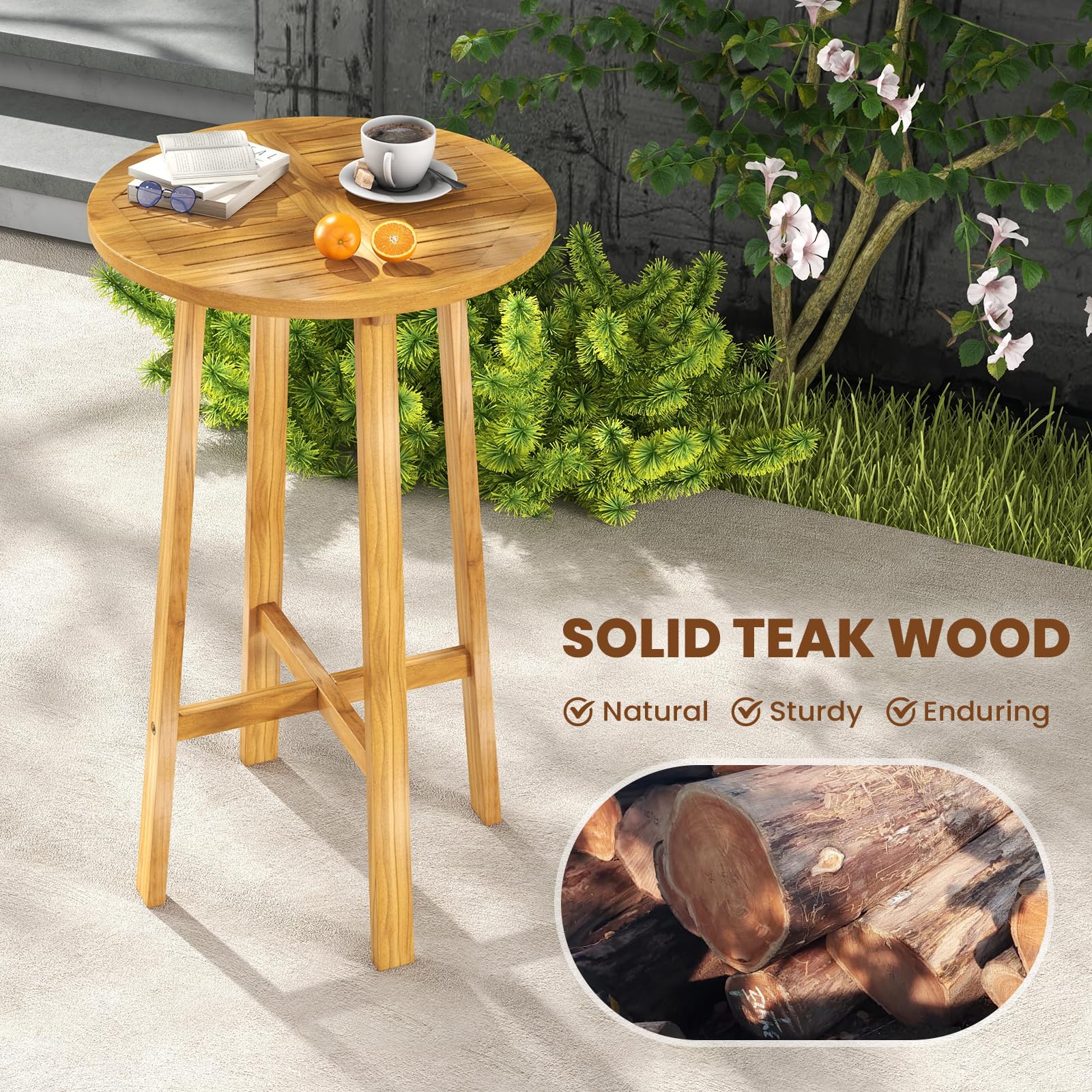 Tangkula Teak Wood Round Bar Table, 24” Bar Height Table with Footrest ...