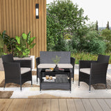 Tangkula 4 Pieces Patio Furniture Set, Patiojoy Outdoor PE Wicker Conversation Set with Soft Cushions and Tempered Glass Tabletop