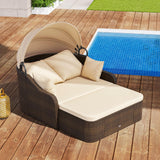 Tangkula Patio PE Rattan Daybed with Retractable Canopy, Double Lounge Bed with Soft Cushions and Extra Pillows