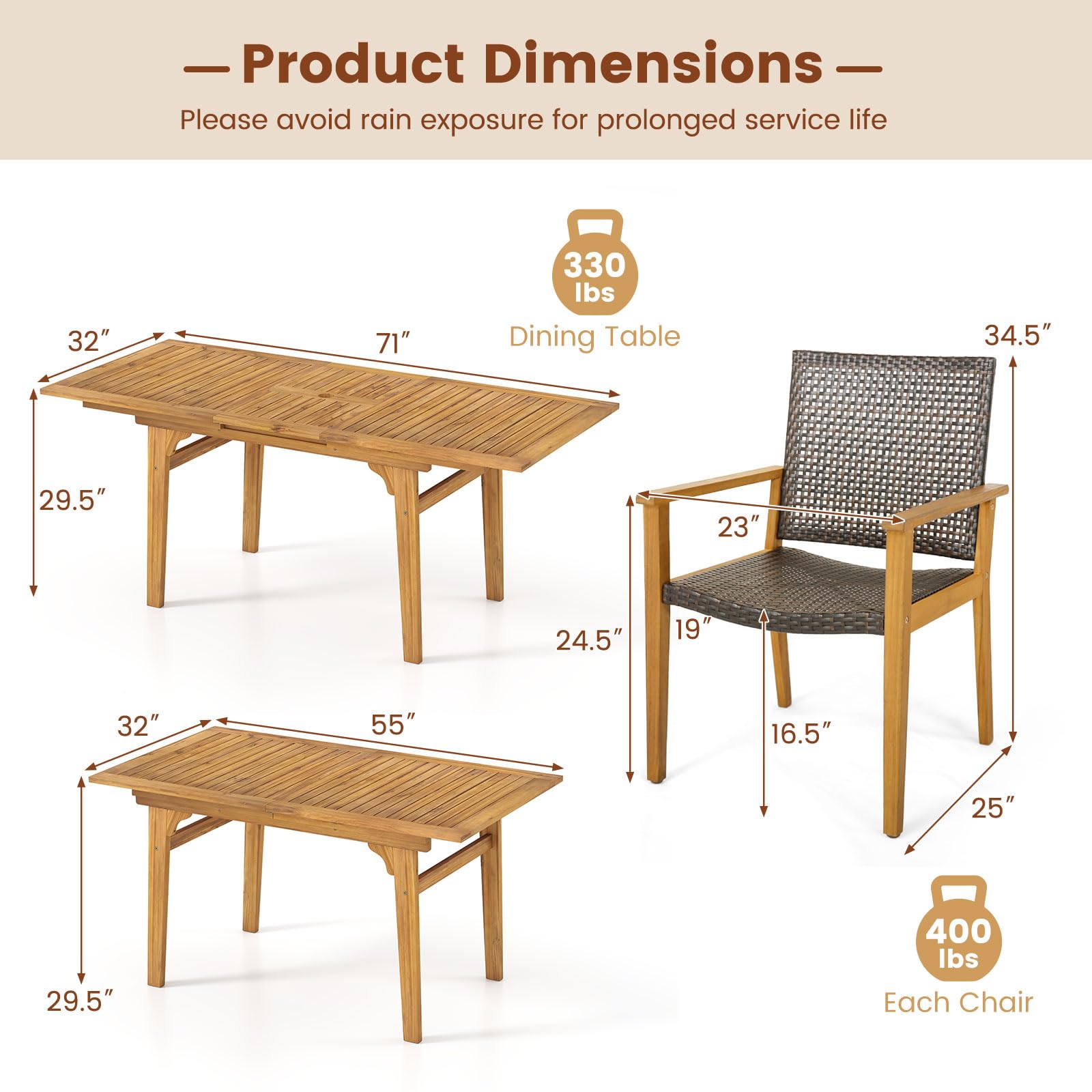 Tangkula 9 Pieces Patio Table and Chairs Set  with Acacia Wood Expandable Table and 8 PE Rattan Armchairs