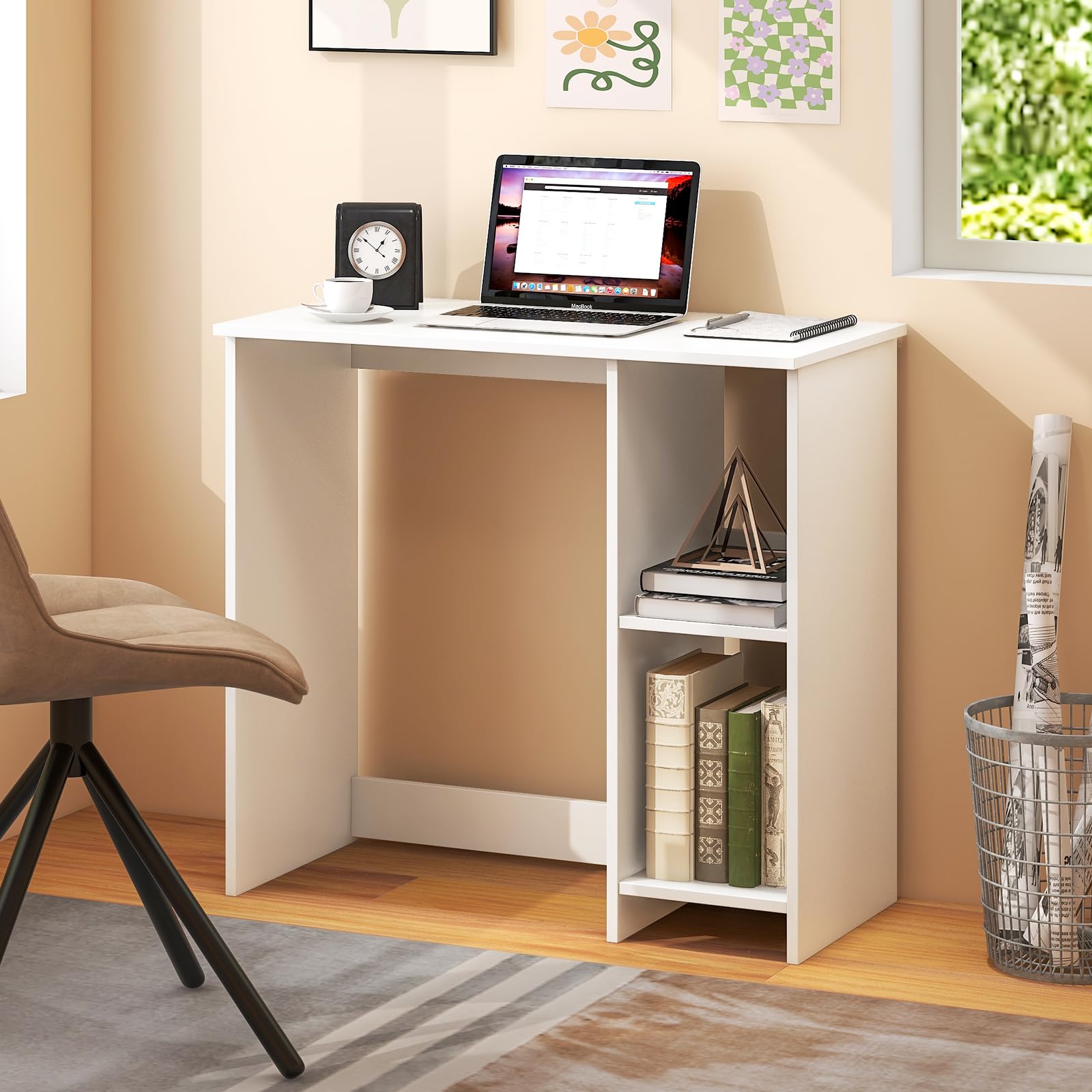 Tangkula White Desk with Storage Drawer & Shelves, Compact Desk
