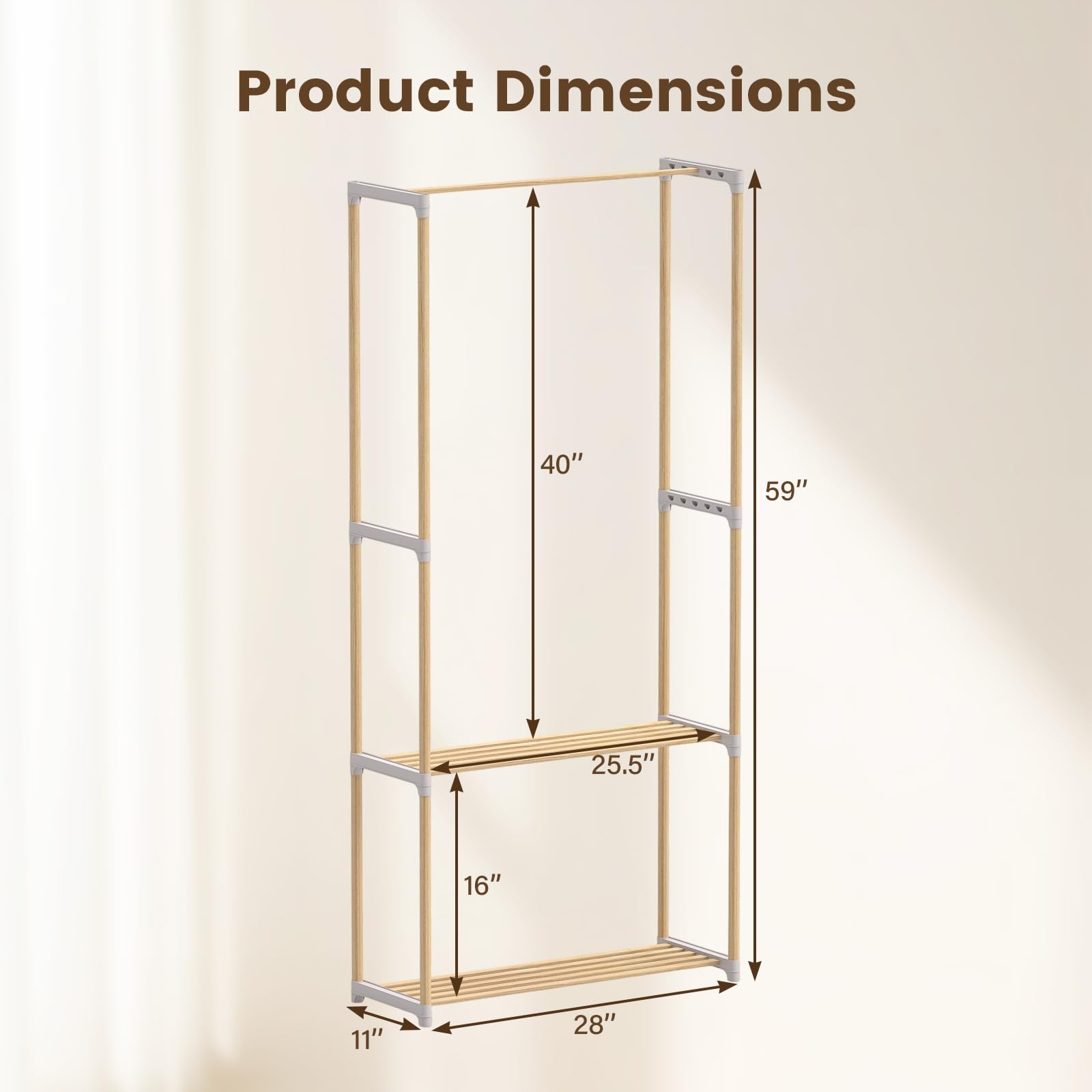 Tangkula Solid Wood Clothes Rack for Hanging Clothes with Hanging Rod & 2 Open Shelves