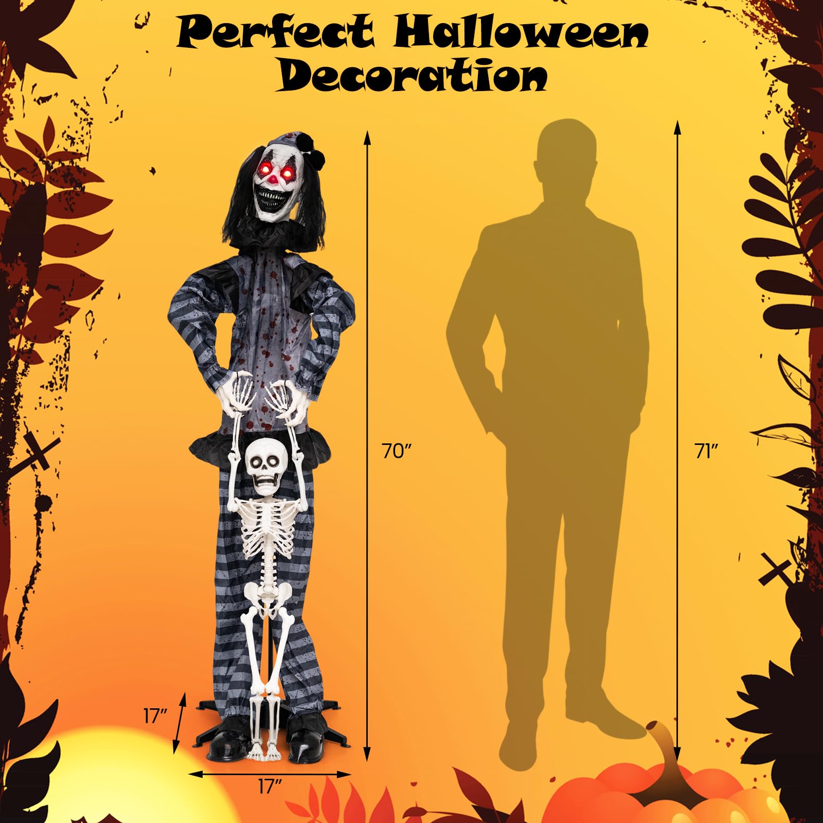 Tangkula 70" Halloween Animated Life-Size Clown Catching Skeleton Doll