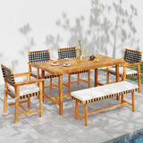 Tangkula 6 Piece Patio Dining Set 63” Outdoor Acacia Wood Table & Bench & 4 Cushioned Armchairs