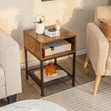 Tangkula Square End Table, 16” Wood Top Sofa Side Table with Metal Frame, Storage Cube & Mesh Shelf