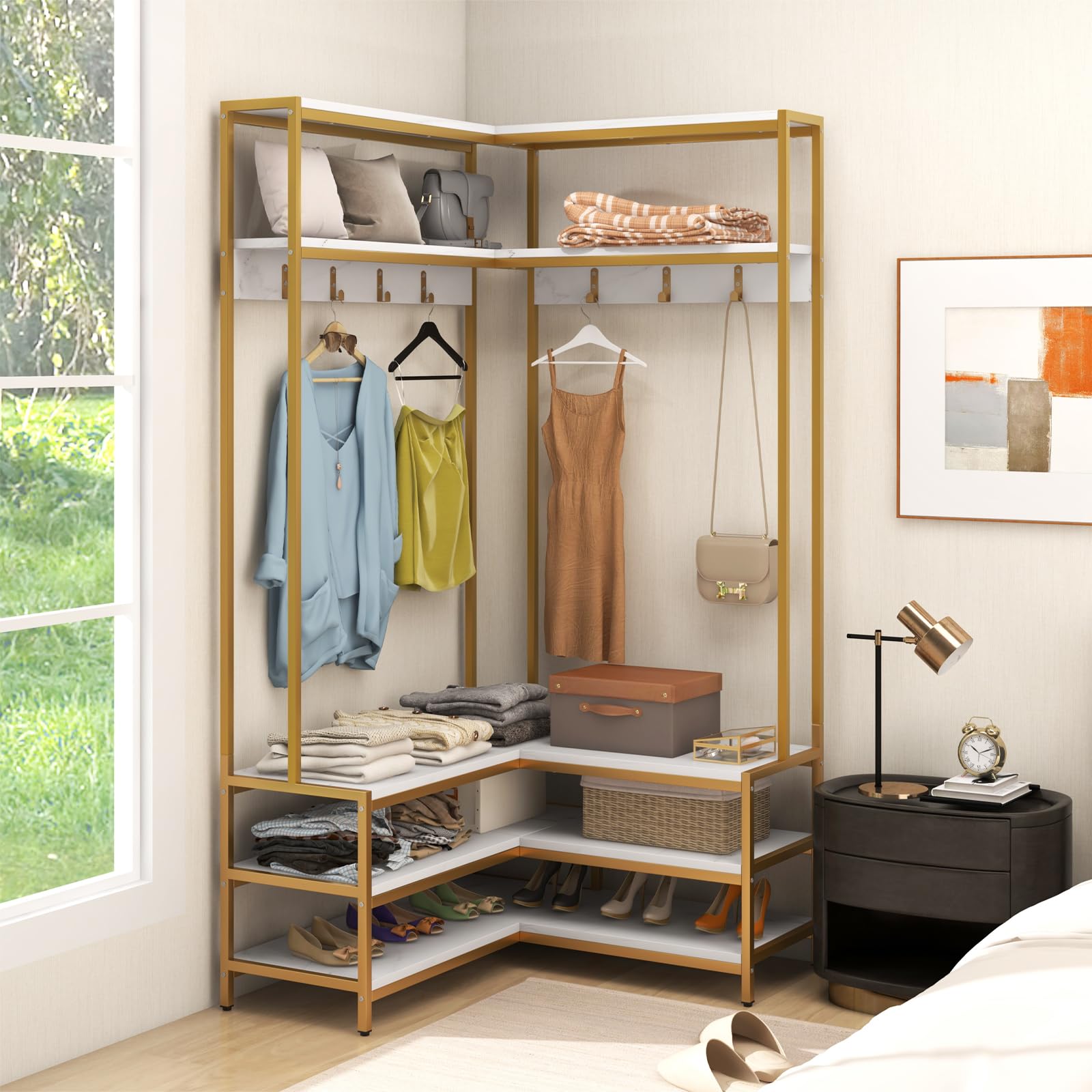 Corner Hall Tree Freestanding Coat Rack, Industrial With Shelves