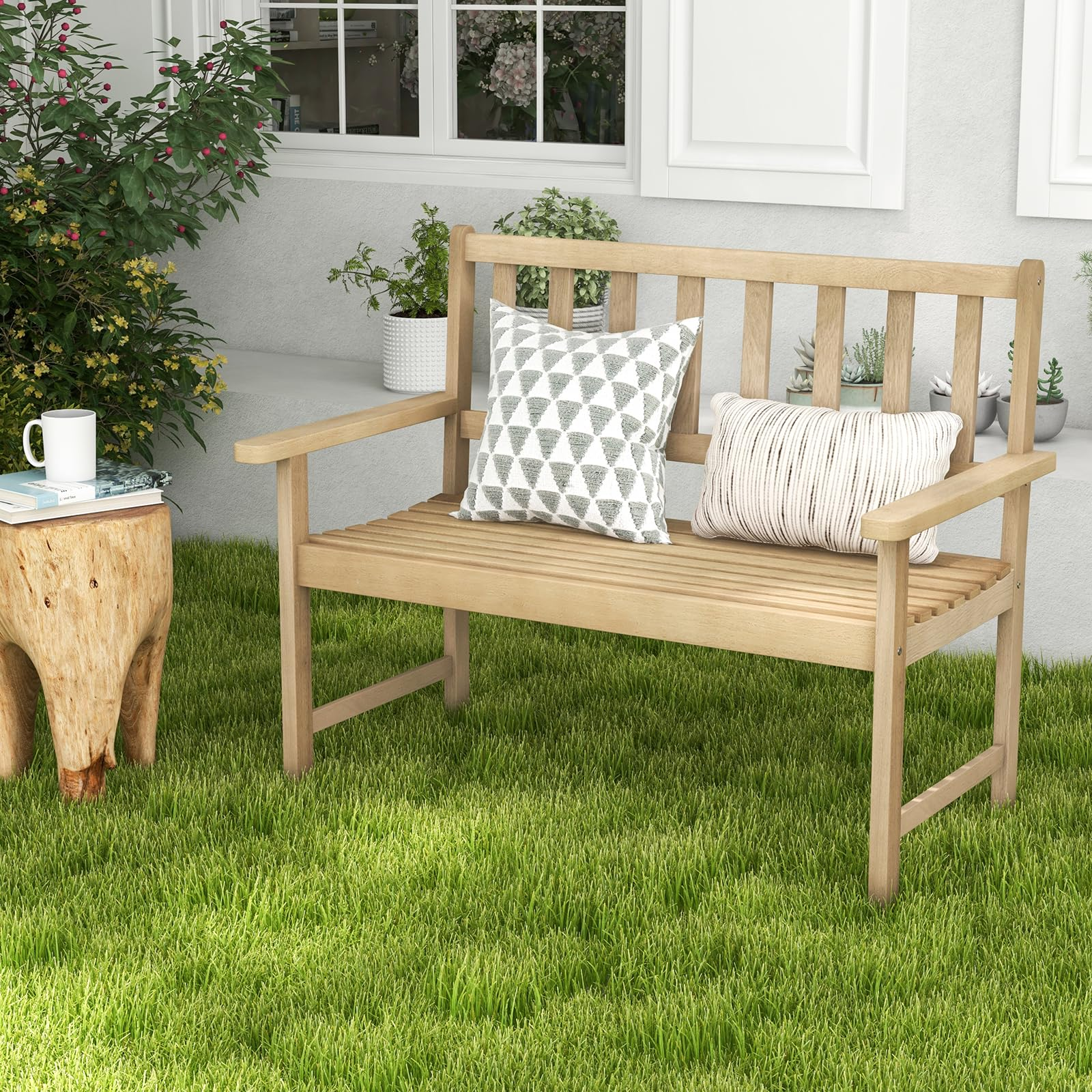 Tangkula Outdoor Teak Wood Garden Bench, 2-Person Patio Bench with Backrest and Armrests