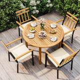 Tangkula 5 Pieces Outdoor Wood Dining Set- 44” Patio Acacia Round Table and Metal Cushioned Chairs