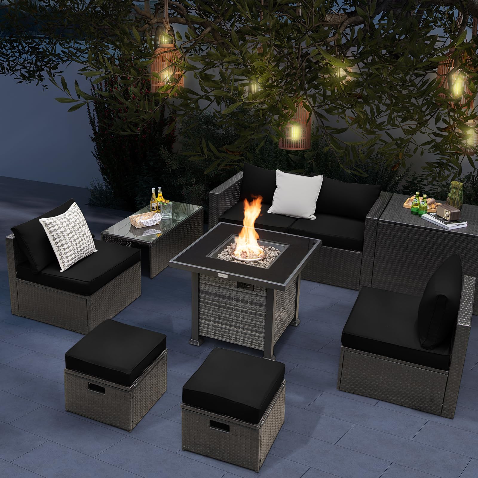 9 Pieces Patio Furniture Set with 50,000 BTU Propane Fire Pit Table - Tangkula