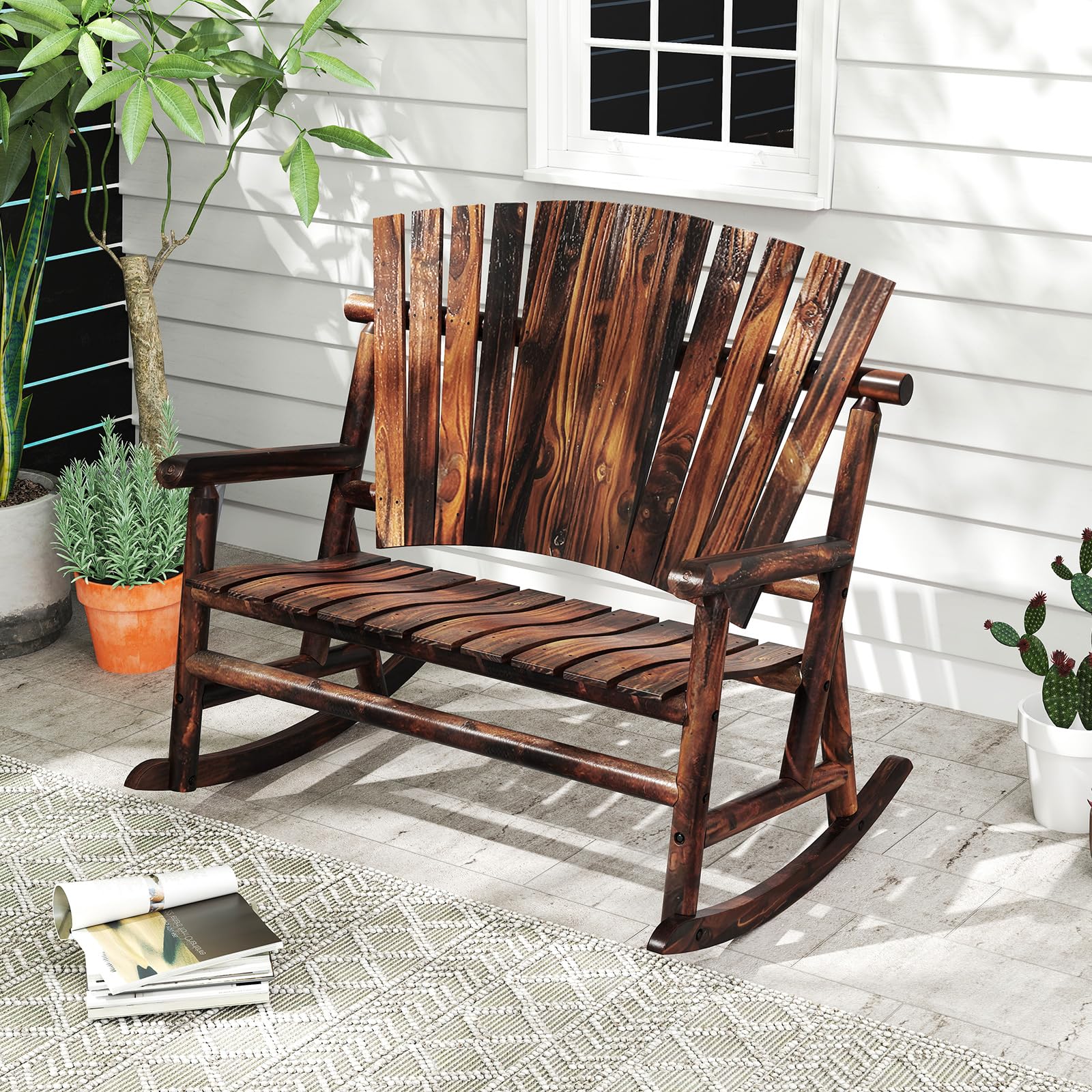 Tangkula 2 Person Wood Outdoor Rocking Chair