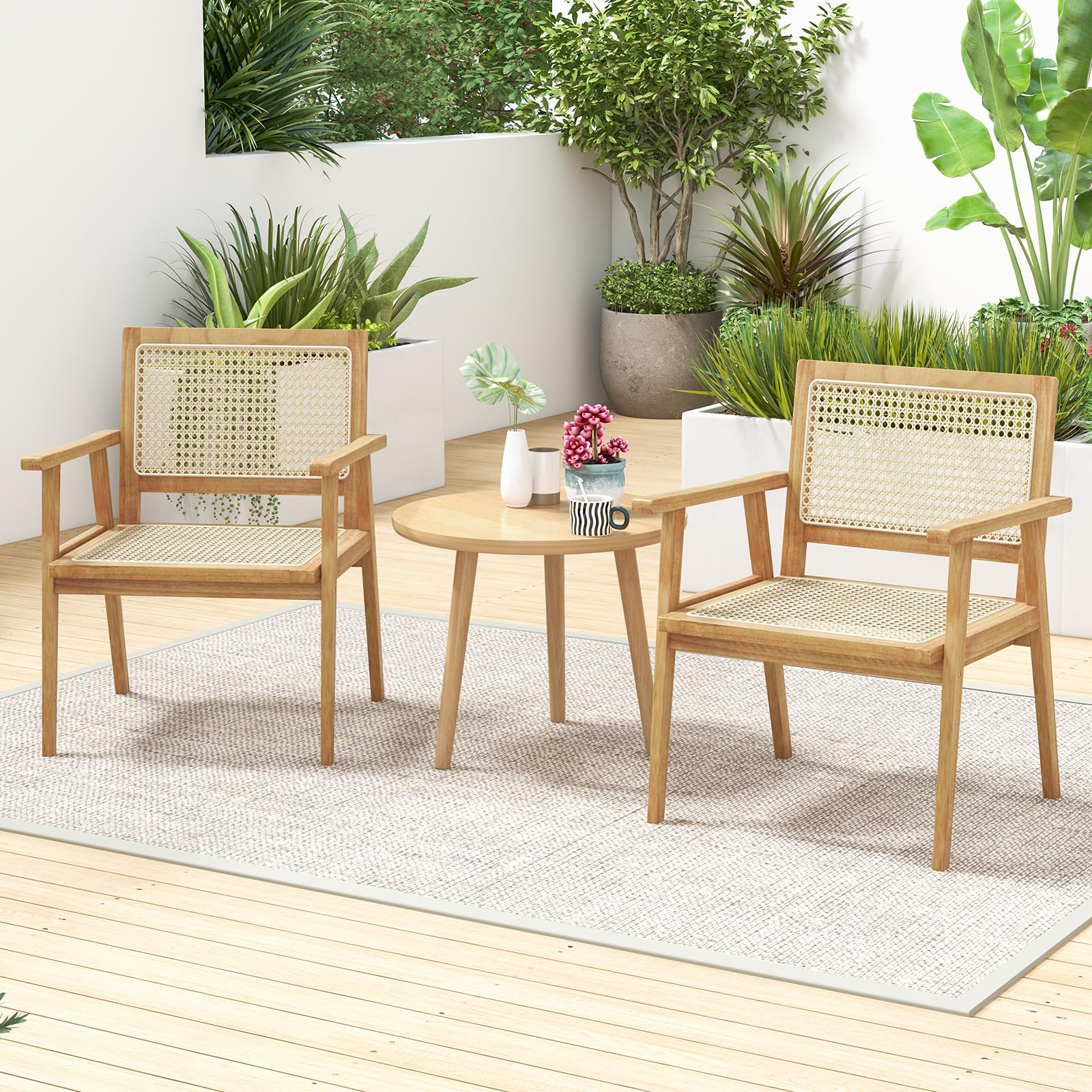 Tangkula Outdoor Wood Chair, Teak Wood Armchair with Rattan Seat & Back
