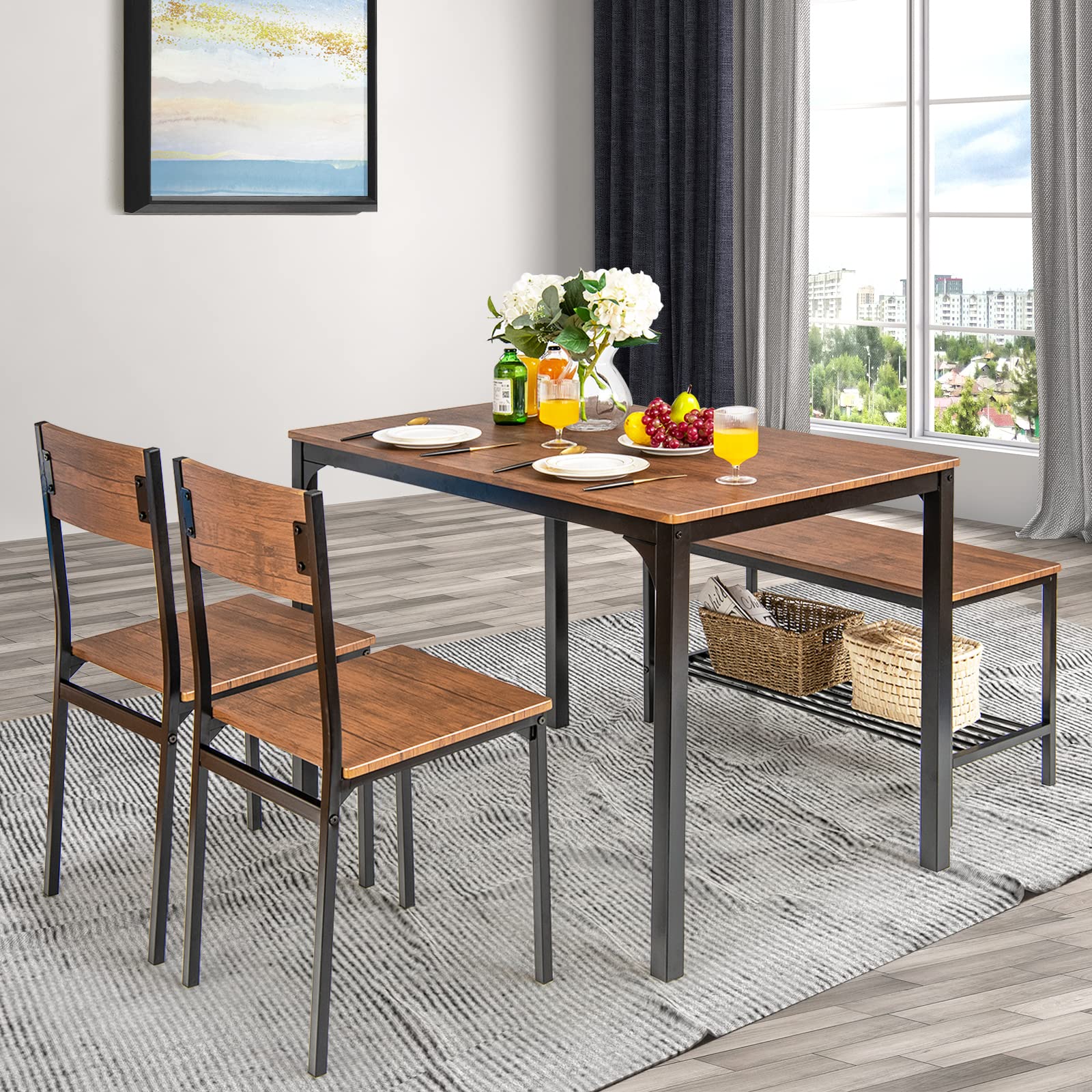 Tangkula 4-Piece Dining Table Set, Kitchen Table with Bench and Chairs