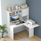 Tangkula L-Shaped Desk with Storage Hutch, Corner Computer Desk with Shelves & Cabinet, White