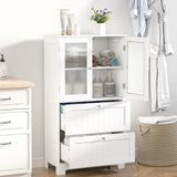 Tangkula Bathroom Floor Storage Cabinet with 2 Drawers and 2 Frosted Glass Doors