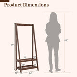 Tangkula Freestanding Rubber Wood Garment Rack with 3 Hooks and 2 Shelves