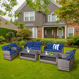 Tangkula 4 PCS Patio Wicker Conversation Furniture Set, Outdoor Rattan Sofa Set with Padded Cushion & Tempered Glass Coffee Table