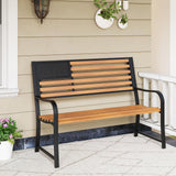 Tangkula 50” Outdoor Garden Bench, 2-Person Metal Patio Chair with Flag Pattern Backrest & Rustic Wood Grain Finish