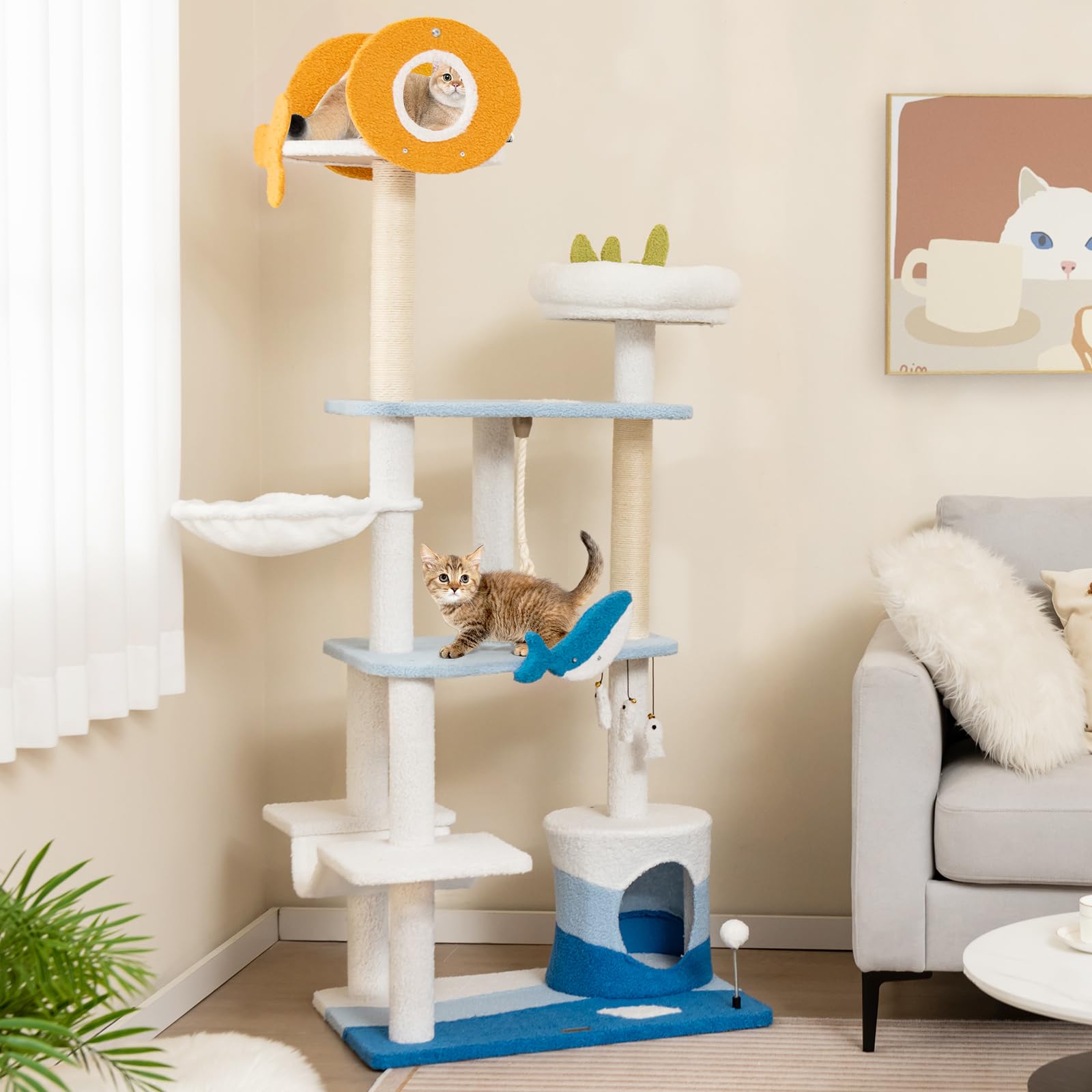 Tangkula Ocean-Themed Cat Tree, 3-Level Cat Tower with Sisal Scratching Posts, Condo, Perch, Hammock