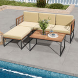 Tangkula 5 Piece Patio Furniture Set, Acacia Wood Sectional Set with Heavy-Duty Metal Frame, Comfy Seat & Back Cushions
